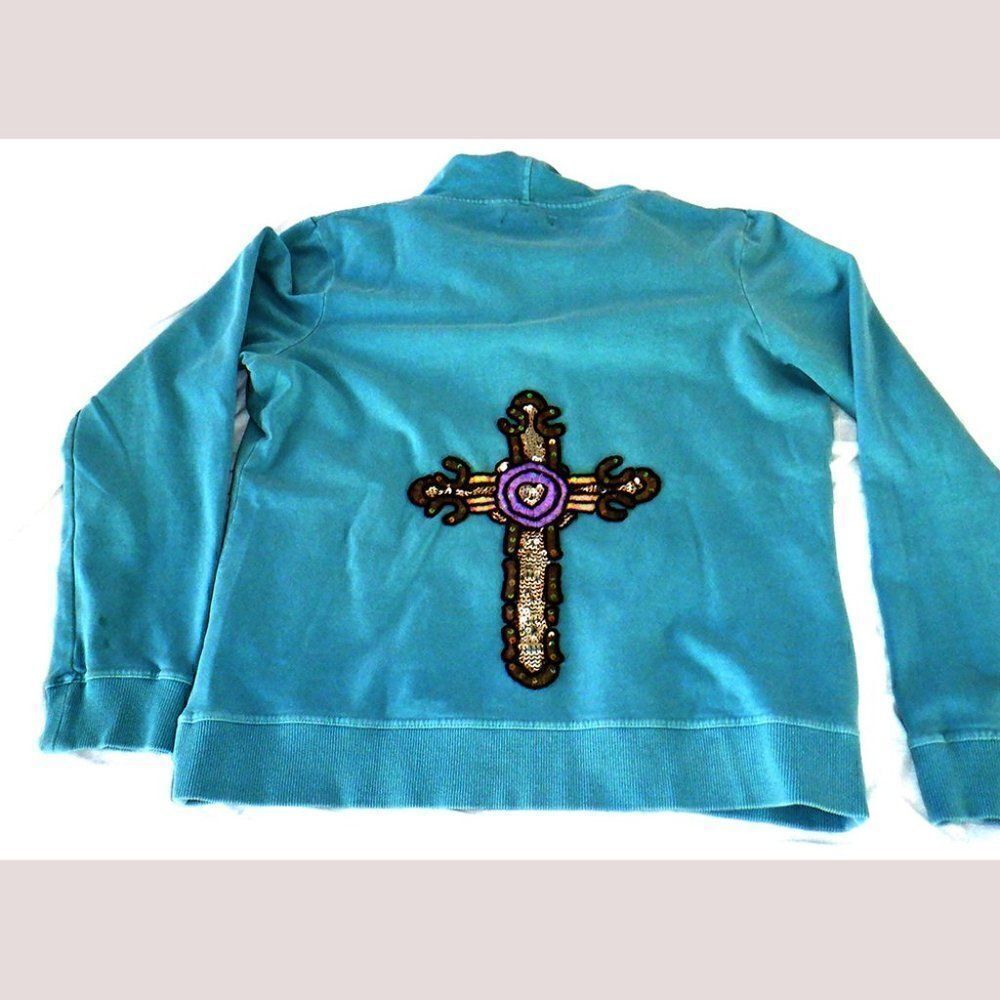 BCBG Maxazria aqua sequins cross hoodie